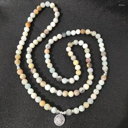 Strand Mulheres homens jóias de 8 mm de miçangas amazonite fosca om charme pulseira 108 mala yoga chakra ou colar