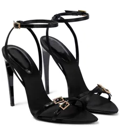 여름 고급 캐시 크레페 새틴 샌들 신발 여성 클로드 특허 가죽 검투사 샌들 리아 골드 톤 버클 레이디 하이힐 EU35-43