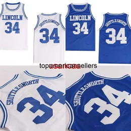 Custom Mens Jesus Shuttlesworth #34 Lincoln 그는 게임 영화 농구 저지 블루 100% 스티치를 받았습니다.