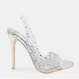 PVC Summer Fashion Rhinestone tacchi chiari con tacchi da stiletto Ladies a punta di punta Sier Wedding Shoele Sandals sancitura oro t22 f007