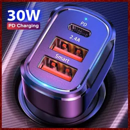 PD 30W USB-billaddare 3 portar USB Typ C Snabbladdning för iPhone 12 Xiaomi Huawei Samsung Phone Car-Charge Adapter i billaddning av bil Electronics gratis fartyg