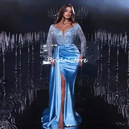 Luxury Light Blue Mermaid Prom Dresses With Slit Long Sleeve V Neck Dubai Arabic Evening Dress 2023 Beaded Tassel Formal Party Elegant Plus Size Women Reception Gown