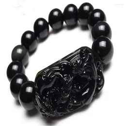 Strand 14mm Stone Natural Stone Black Obsidian Round Beads Jewelry Pi Xiu Brave Troops Stroft Mens Stretch Stress