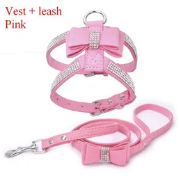 Dog Collars Leashes Pet Harness Leash With Rhinestone Bling Crystal Adjustable Chest Strap Soft Suede Bow Leather High Quality Drop Shipping T221212