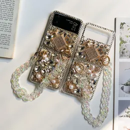 Samsung Galaxy Z Flip을위한 Bling Diamond 3D Flower Hard Case 5 4 3 Fold 5 Zflip4 Zflip5 Fold5 접이식 PC 플라스틱 Floral Shinny Rhinney Phone Cover Strap