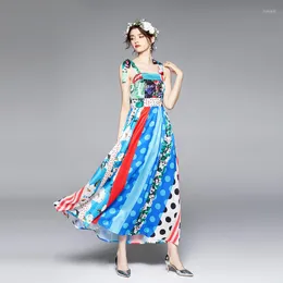الفساتين غير الرسمية أزياء رنوطي فستان الصيف نساء السباغيتي الأشرطة البوهيمية Sundress Polka Dots Stripe Floral Maxi Blue