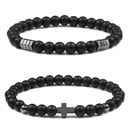 8 mm schwarz mattiertes Perlen-Kreuz-Armband, Hämatit-Elastizitätsarmband für Damen und Herren, Schmuck