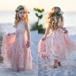 2019 Novo Boho Pink Flower Girls Dresses para Wedding Lace Applique Ruffles Kids Formal User Girls Dress Dress Vestio de anivers￡rio GOWN260Y