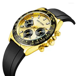 Wristwatches PINTIME Watch For Men Black Gold Chronograph Military Mens Watches Silicone Strap Clock Quartz Wristwatch Hombre