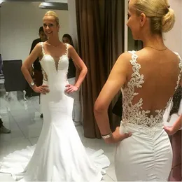 Spaghetti -Tr￤ger Spitzen Meerjungfrau Brautkleider durchsichtigen durch R￼cken Applikationen ￤rmellose ma￟geschneiderte Hochzeitskleid Vestidos