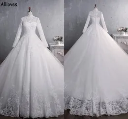 Dubai Arabic Lace Appliqued A Line Wedding Dresses With Long Sleeves High Collar Beaded Muslim Bridal Gowns Sweep Train Buttons Back Modern Vestidos De Novia CL1599
