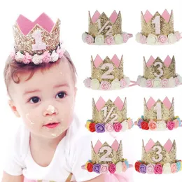 Recém -nascidos mini lantejoulas de ouro coroa de ouro com rosa Flores de cabeça para meninas Crown Birthday Party Hair Accessories Kids Presente A1256H
