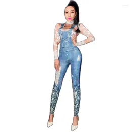 Stage Wear Women Jeans Rhinestones Jumpsuit Sexy 3D Denim Printed Costume Women's Party Sequins Bodysuit Rompers Female Prom Outfit