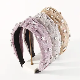 Fashion Thick Linen Heart Rhinestone Top Knot Headband Hair Accessories For Women Girls Crystal Wide Side Head Hoop Headwear