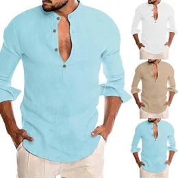 Camisas casuais masculinas manga masculina de linho de algodão stand colar de ioga longa de tamanho grande