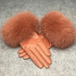 Five Fingers Luvas Real Sheepskin Fur Full feminino Luva de couro genuína Moda quente de inverno