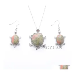 Ohrringe Halskette Modeschmuck Set Baumeln für Frauen Naturstein Unakite Jaspis Schildkröte Form Anhänger Kette 18 DQ3104 Drop De Dh78Y