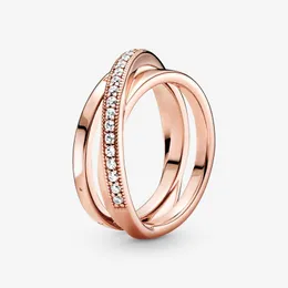 Women Men Crossover Pave Triple Band Ring Real Sterling Silver with Original Box for Pandora Rose Gold Wedding Jewelry Girlfriend Gift Engagement Rings