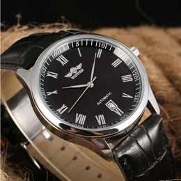 Победитель вращающихся Bezel Sport Design Leather Band Men Watch Top Brand Luxury Automatic Black Fashion Casual Watch Clock Relogio SL257P