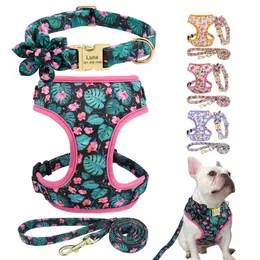 Dog Collars Leashes Adjustable Nylon Mesh French Bulldog Collar Harness Leash Set Cute Printed Puppy Cat Harness Vest Leash For Small Medium Dogs T221212