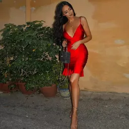 Czerwone mini krótkie sukienki na studniówkę seksowną v szyję bez pleców syrenę wieczorową sukienkę dla kobiet spaghetti pasek vestido de festa
