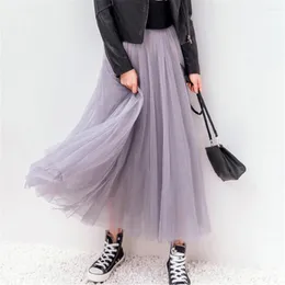 Skirts 2022 Korean Pleated Lace Gauzy Dress Women's Long Tulle Skirt High Waist Wide Hem Woman Mujer Faldas Saias