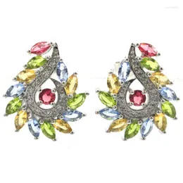Stud Earrings 22x19mm SheCrown Multi Color 4.6g Garnet Peridot Citrine Tanzanite White Sapphire Jewelry For Woman's Silver