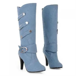 Plus size seksowne dżinsowe buty kowbojskie dla kobiet punkowe modne buty na wysokim obcasie panie chaussure femme botte nxz166279s