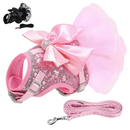 Dog Collars Leashes Pink Cat Dress Small Dogs Cats Summer Dresses With Cute Bowknot Bling Rhinestone Accessories Nylon Pet Vest Harness and Leash T221212