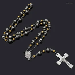 Chaînes cadeau hommes femmes Christ perles en acier inoxydable 8mm chapelet perle croix pendentif lien chaîne collier bijoux accessoires RN62