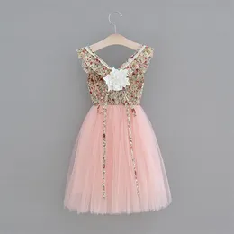 2018 New Girl Princess Dress Beige Floral Mid 송아지 길이 부드러운 분홍색 거즈 등이없는 달콤한 드레스 어린이 옷 2-7y HH001255S