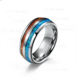 Stripe Tungsten Steel Inlay Wood Ring Band Opal Shell Ring for Men Women Hip Hop Fashion Fine Jewelry Will and Sandy