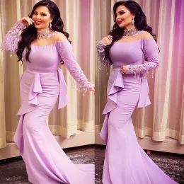 2023 Lavender Mermaid Evening Dresses Long Sleeves Designer Crystals Beaded Sweep Train Custom Made Compal Exeration Mark Arabic Prom Gown vestidos