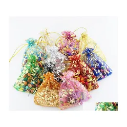 Jewelry Pouches Bags 500Pcs Patterns Luxury Organza Christmas Wedding Voile Gift Bag Dstring Jewellry Packaging Pouch 7X9Cm Drop De Ottp4