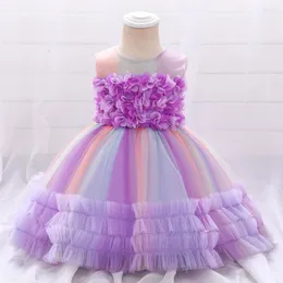 Abiti da ragazza dolce viola a strati fiore ragazze fiocco fusciacca tulle gonfio bambini spettacolo ballo abito corto bambini compleanno comunione indossa