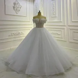 Luxury Beaded Princess A-line Wedding Dresses 2023 Off Shoulder Gillter Crystal Lace-up Corset Church Bridal Gowns Vestidos de novia