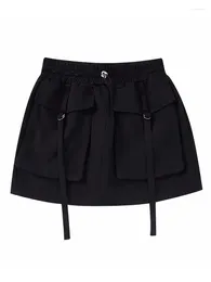 Röcke Ever Womens Herbst Mode Zwei große Taschen schwarzer kurzer Rock weibliche Kordelschnur elastische Taille Safari Stil