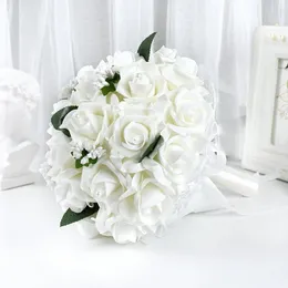 Dekorative Blumen mit künstlichen Rosen, Braut- und Brautjungfern-Hochzeitsstrauß mit Seidensatinband, Perlen-Mariage-Braut-Partygeschenk