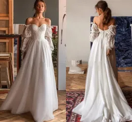 Modern Boho Off Shoulder Long Sleeve Wedding Dresses Appliqued Lace Summer Bohemian Beach Garden Sweetheart A Line Bridal Gowns With Button Covered Back 2023