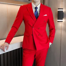 Abiti da uomo Abito da sposa Uomo Doppiopetto Rosso Slim Fit Blazer Giacche Pantaloni Gilet Completo da uomo formale da uomo di alta qualità Set 6XL