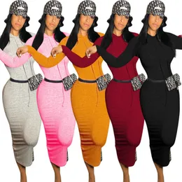 Womens Long Sleeved Dresses Designer 2023 New Autumn And Winter Cotton Rib Casual Hooded Skirt Dress 5 Colours S-XXL