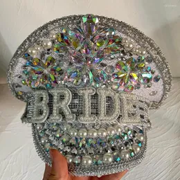 Berets Women Luxury Rhinestone Bride Captain Hat Cap Cap Sergeant Bridal Hen Do Festival Birthday Part