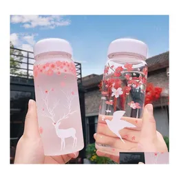 Water Bottles Creative Cherry Blossoms Frosted Glass Bottle Kawaii Reindeer For Girl Cute Pink Portable Sport Drink Drop Delivery Ho Otajr