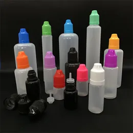 Färgglada PE droppflaskor 3 ml 5 ml 10 ml 15 ml 20 ml 30 ml 50 ml nålspetsar med färg barnsäkert lock Vass droppspets vätskeflaska i plast