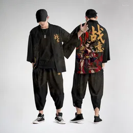 الملابس العرقية اليابانية نمط خمر كيمونو Haori السراويل مجموعة الرجال التقليدية Harajuku الشارع الشهير سترة زي معطف