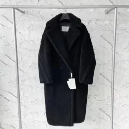 كلاسيكي أسود Mmax Teddy Bear Alpaca Fur Women Icon Coat Two Button Label Reck Keep Warm Parkas Camelwool Long