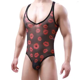 Shapers do corpo masculino de lingerie masculina Triângulo Slinget Slinget Bodysuit Sleeveseless Red Lip Print Mesh Mesh de uma peça Bodypers Rodper