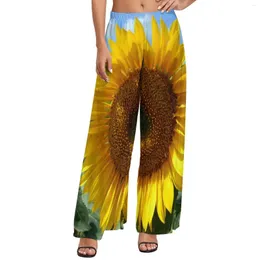 Damenhose, gelbe Blume, elastisch, hohe Taille, großer Sonnenblumen-Druck, Kawaii-Hose, ästhetisch, weites Bein