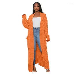 Women's Knits YIKUO Solid Knitted Sweaters Cardigan Women Twist Braid Full Sleeve Open Stitch Pockets Loose Casual Extra Long Coat Jackets