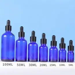 Оптовые бутылки с синими стеклянными капельниками 5-100 мл толщиной духи флаконы с черной крышкой